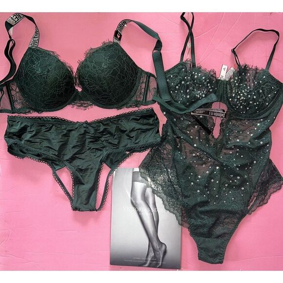 Victoria's Secret 36B BRA SET+Teddy EMERALD GREEN Lace crystallized SHINE STRAP